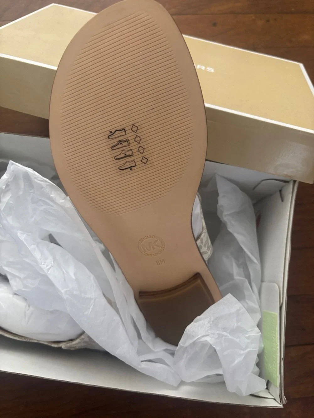 Michael Kors White/Beige MK Monogram Thong Sandals with Gold Accent - Picture 3 of 3